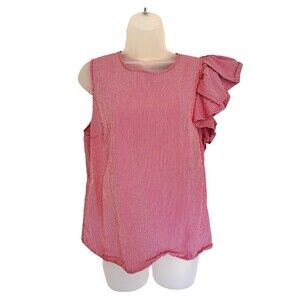 Who What Where Coastal Preppy Asymmetrical Ruffle Seersucker Top Size XL